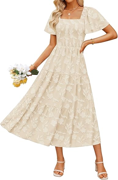 ZESICA 2025 Women’s Boho Floral Midi Dress – Square Neck Short Sleeve Flowy Beachwear