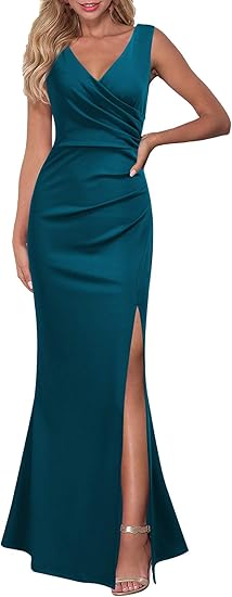 WOOSEA Women’s Sleeveless V-Neck Split Long Evening Cocktail Party Dress