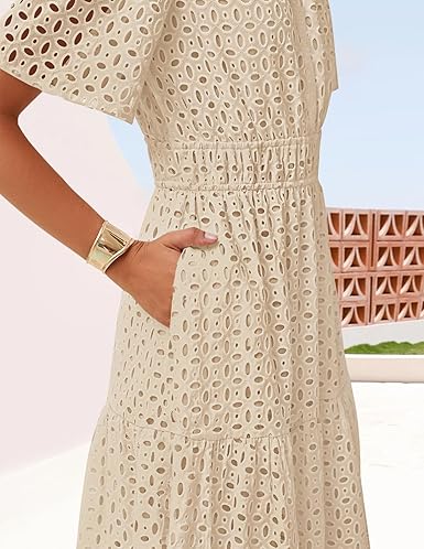 ZESICA Women’s 2025 Summer V-Neck Eyelet Ruffle Short Sleeve Maxi Dress – Casual A-Line