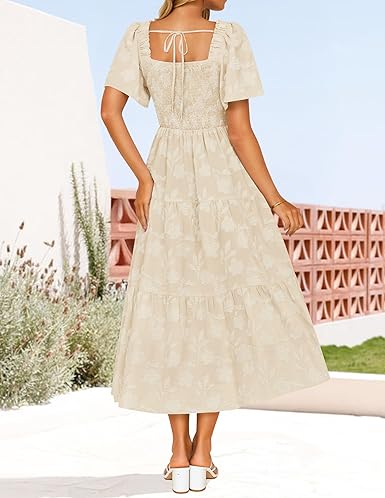 ZESICA 2025 Women’s Boho Floral Midi Dress – Square Neck Short Sleeve Flowy Beachwear