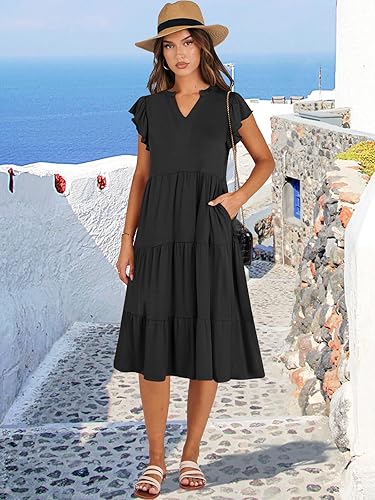 ANRABESS Summer Ruffle Sleeve V-Neck Midi Dress – Flowy Boho Beach Vacation Sundress