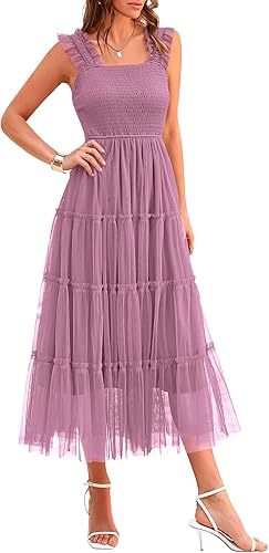 PRETTYGARDEN Women’s Sleeveless Smocked Tulle Midi Dress – Ruffle Mesh Flowy Sundress