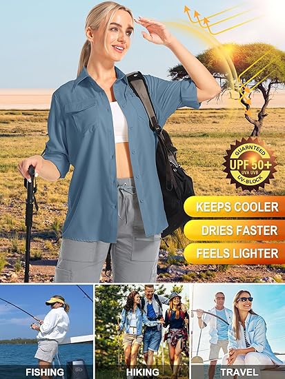 Women’s UPF 50 UV Sun Protection Shirt – Long Sleeve Lightweight Hiking Fishing Travel Top