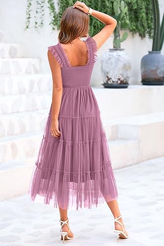 PRETTYGARDEN Women’s Sleeveless Smocked Tulle Midi Dress – Ruffle Mesh Flowy Sundress