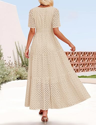 ZESICA Women’s 2025 Summer V-Neck Eyelet Ruffle Short Sleeve Maxi Dress – Casual A-Line